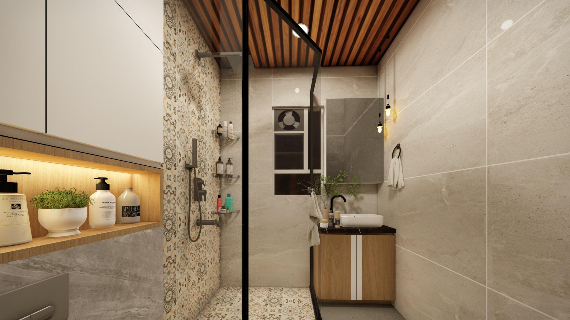 Bathroom with marble finishes and ambient lighting