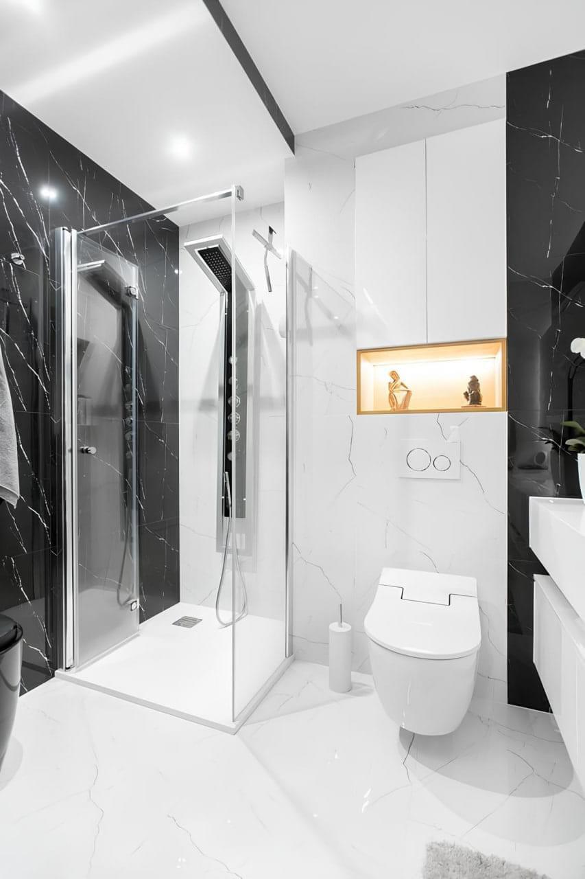 Compact bathroom with smart storage solutions