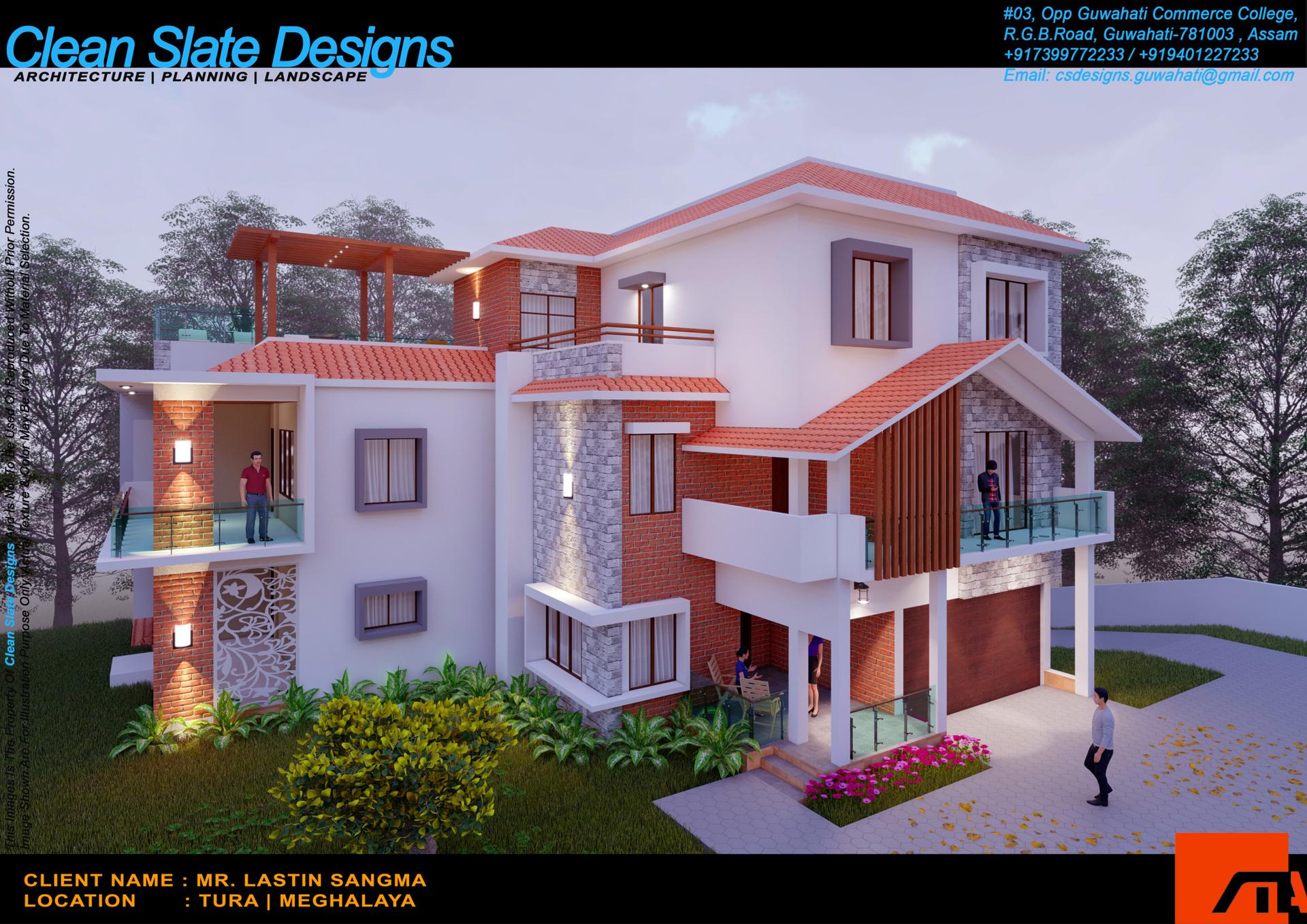 Modern white residence with glass facade and garden