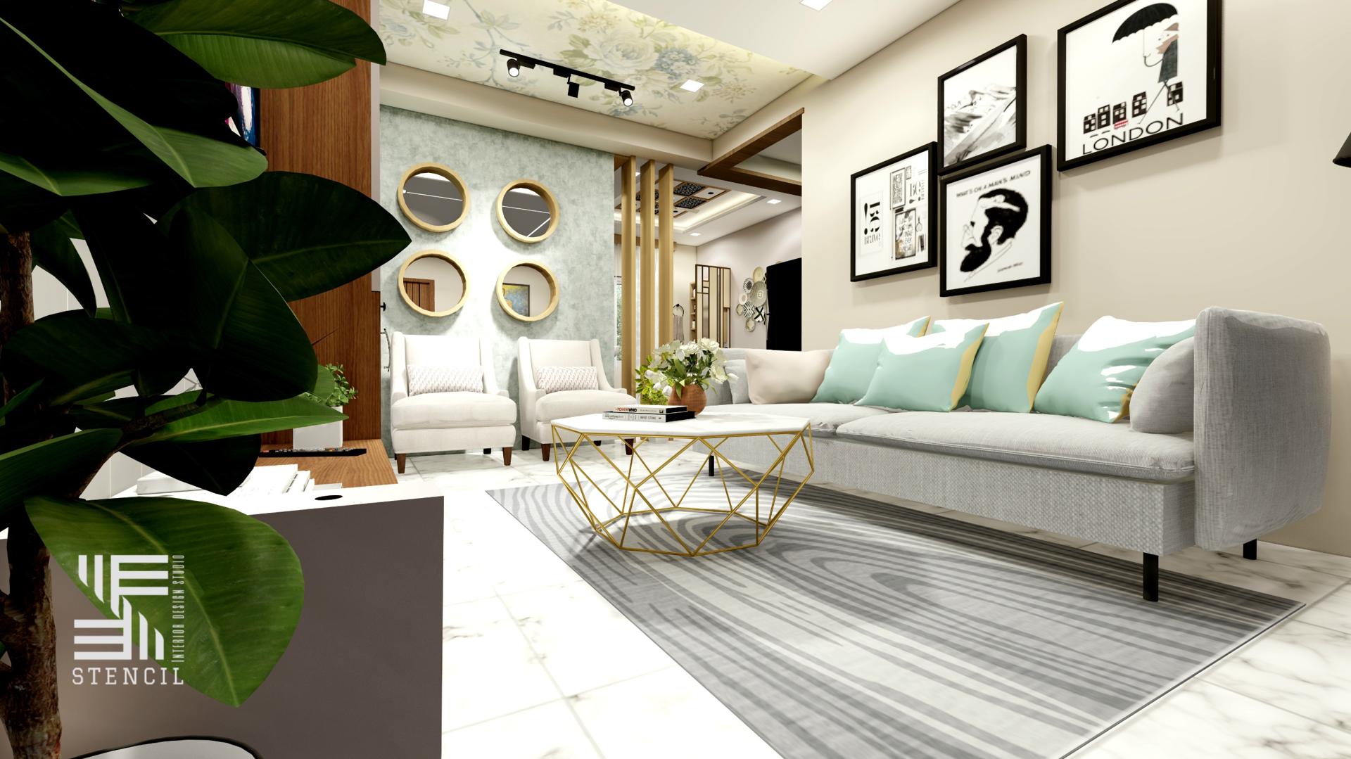 Elegant living room with grey sofa, gold coffee table and gallery wall