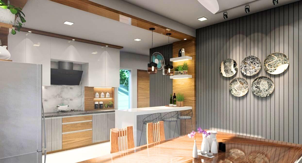 Kitchen with white cabinets and pendant lights