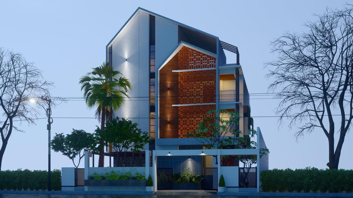 Modern architectural residence at dusk with jali lattice facade — Stencil Interior Design